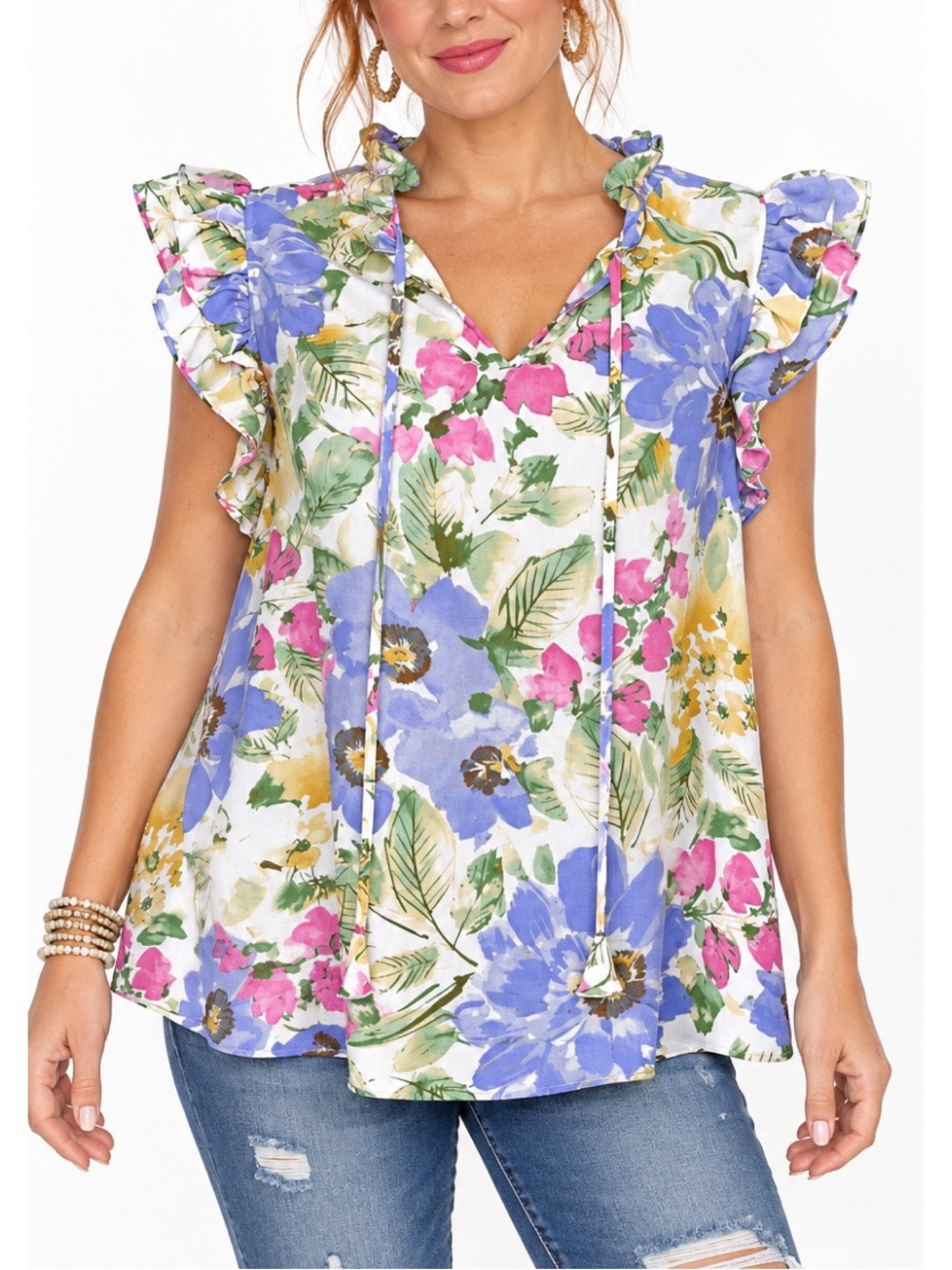 Pleione Colorful Floral Print Ruffle Sleeve blouse, size Large